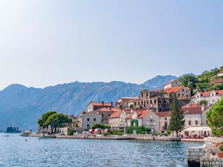 Fototapeta na wymiar View to Perast town. Kotor bay, Mediterranean sea.