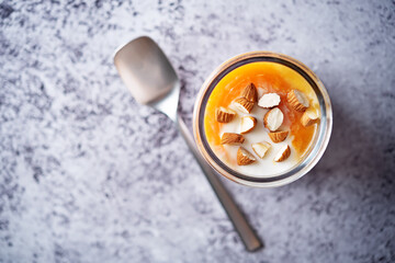 Greek yogurt mango healthy breakfast in a jar
