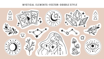 Magic cards, crystals constellation, girl, mushrooms, plants and magic symbols. Set of mystical elements in doodle style. 