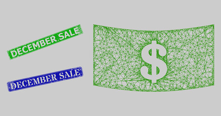 Wireframe net dollar banknote model, and December Sale blue and green rectangle unclean seals. Frame net mesh symbol is designed with dollar banknote pictogram.