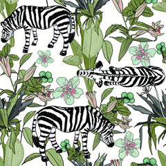
Vector pattern with zebras and tropical flowers. Seamless illustration of the tropics as a template for the designer, geometric pattern