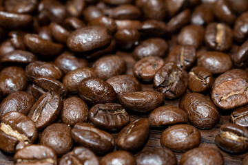 Coffee beans background. The view from top.