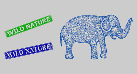 Wireframe net elephant model, and Wild Nature blue and green rectangle corroded seals. Frame net image designed with elephant icon. Seals have Wild Nature title inside rectangle frame.