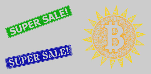 Carcass network bitcoin shine model, and Super Sale Exclamation. blue and green rectangle dirty stamp seals. Carcass network image is based on bitcoin shine pictogram.