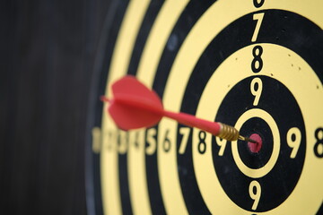 Close-up of a dart board with a defocused red dart in the center. Selective focus.