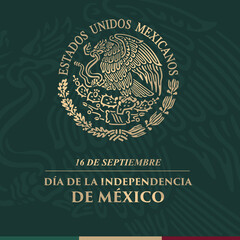 VECTORIAL BANNER for Mexico Independence Day with shiny golden coat of arms, 16 septiembre, grito de Dolores, Fiestas patrias, civic, cultural events, traditions, patriotic, elegant, vintage