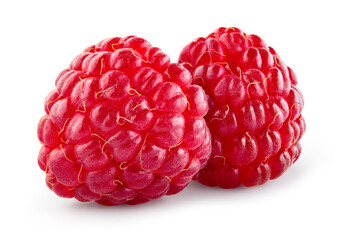 Raspberry isolated. Two red raspberries with green leaf on white background. With clipping path. Full depth of field.