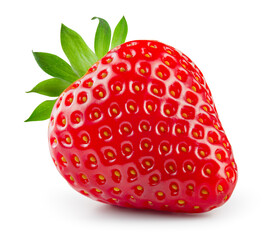 Strawberry isolated. Whole strawberry with leaf on white background. Perfect retouched berry with...