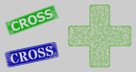 Obraz premium Wireframe net veterinary cross model, and Cross blue and green rectangle unclean stamp seals. Carcass network symbol is created from veterinary cross icon.