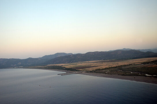 Aerial view. Liner landing in International Dalaman airport at morning.Turkey