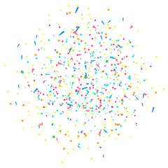 Colored falling geometric glitters on white. Geometrical background with confetti. Pattern for design. Print for polygraphy, posters, banners and textiles. Greeting cards. Bright explosion