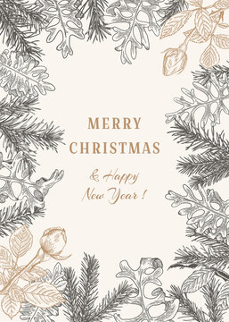 Christmas botanical card. Spruce, dusty miller and golden roses. Black and White.