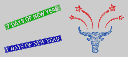 Wireframe net mesh bull fireworks model, and 7 Days of New Year blue and green rectangle scratched stamp seals. Carcass net mesh image is based on bull fireworks pictogram.
