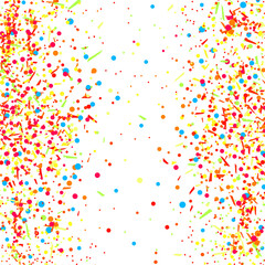 Multicolored pattern with random falling colored confetti on white background. Texture with glitters for design. Greeting cards. Explosion. Bright firework. Print for polygraphy and posters