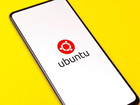 Assam, india - January 15, 2020 : Ubuntu logo on phone screen stock image.