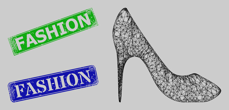 Wireframe net mesh high heel shoe model, and Fashion blue and green rectangular dirty seals. Carcass net image is created from high heel shoe pictogram.