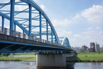 多摩川の丸子橋と武蔵小杉の景色