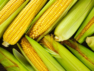 Fresh corn cobs, background, top view, flat lay.
