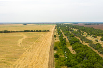 Fototapeta na wymiar steppe landscape with a canal and a railway view from a quadrocopter