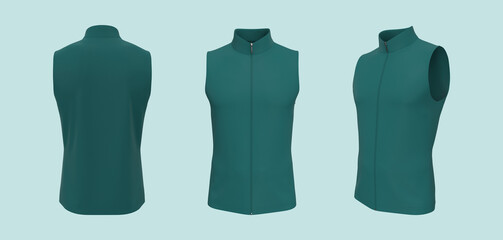 Sleeveless cycling jersey mockup in front, side and back, 3d rendering, 3d illustration