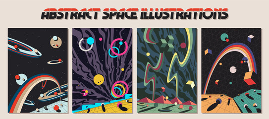 Abstract Space Illustrations, Vintage Color 3D Shapes, Geometric Backgrounds 