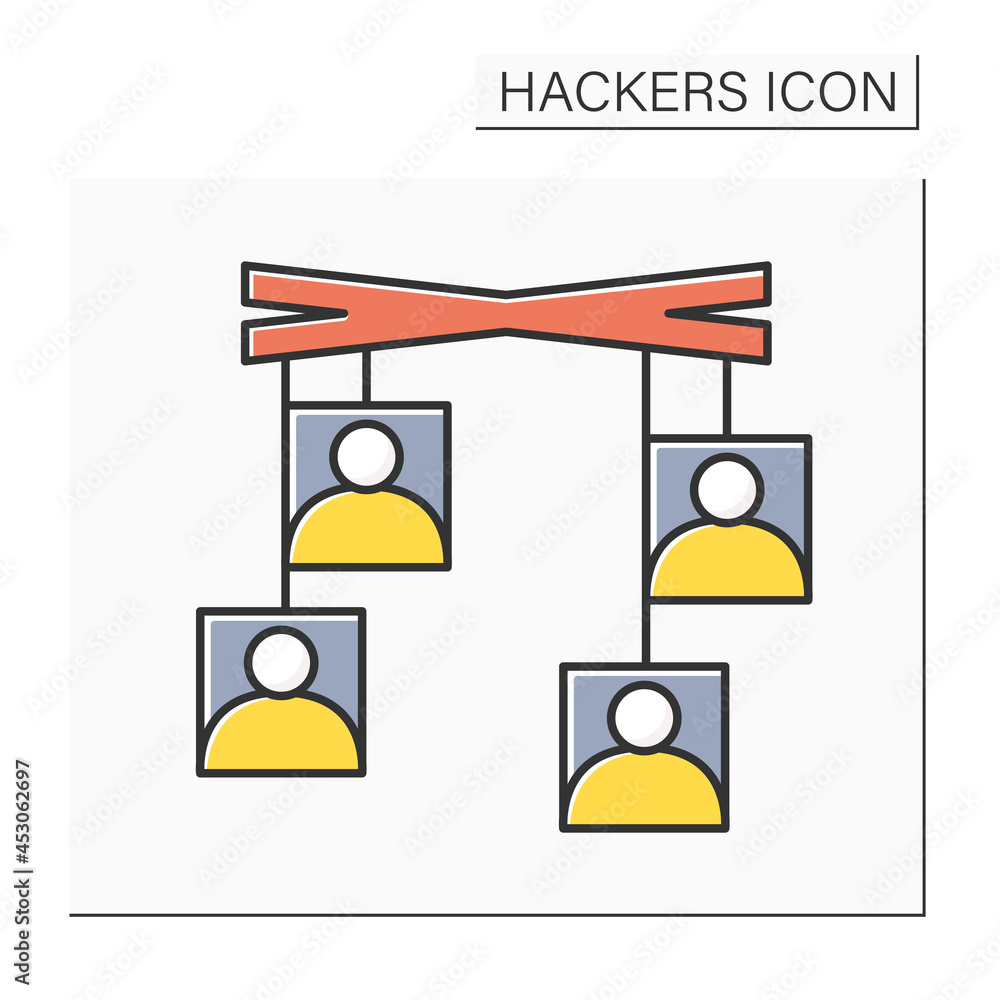 Poster social engineering color icon. user avatar on mock puppets. concept of psychological hacker attack, 