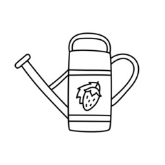 Watering can with strawberry sketch. Doodle black line vector illustration. Editable path