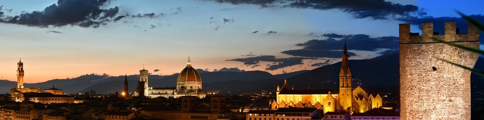 Florence, July 2021: Spectacular cityscape by night of Florence with Palace of the Town Hall,...
