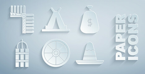 Set Old wooden wheel, Money bag, Detonate dynamite bomb stick, Mexican sombrero hat, Indian teepee or wigwam and headdress with feathers icon. Vector © Vadim