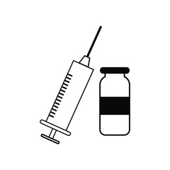 Medical syringe and vial black on white background, sign for design, vector illustration