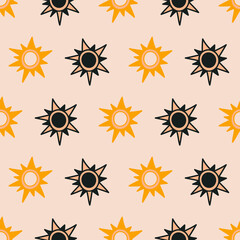 Vector Orange Black Ethnic Tribal Sun seamless pattern background perfect for fabric, scrapbooking, wallpaper, web and graphic projects.