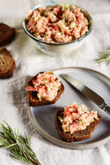 Homemade French dish rilette or pate. Two toasts salmon rillettes (pate) on rye bread on plate over beige linen tablecloth. Selective focus