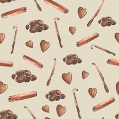 Kitchen items hand-drawn in watercolor.Seamless pattern with cinnamon, chocolate. High quality illustration
