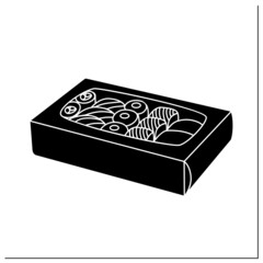 Sushi glyph icon. Sushi rolls in paper box.Foldable, disposable container for Japan menu. Take away. Fast Food Packaging.Filled flat sign. Isolated silhouette vector illustration