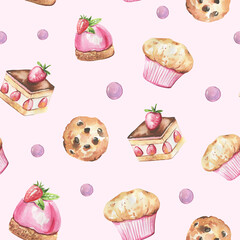 Collection of cakes, kitchen items hand-drawn in watercolor on a pink background. Kitchen, cafe seamless pattern. High quality illustration.