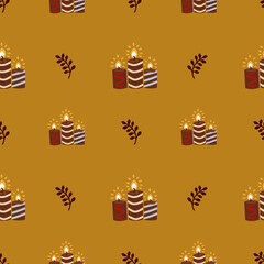 Autumn natural seamless pattern. Fall background of candles and autumn leaves. Texture for fall party or Thanksgiving day. Hand drawn natural illustration, design invitati
