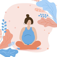 Happy pregnant woman in flowers. Pregnancy and motherhood. Carrying a baby. Flat illustration.