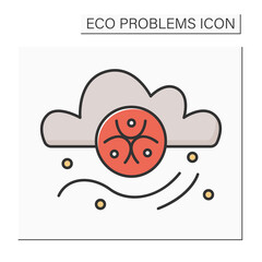 Air pollution color icon. Cloud and wind stream with bio hazard. Concept of industrial and chemical atmosphere pollution, co2 emission and lungs disease. Isolated vector illustration