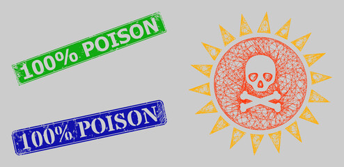 Carcass net death sun radiation model, and 100 percents Poison blue and green rectangular rubber seals. Carcass net mesh illustration is designed with death sun radiation pictogram.