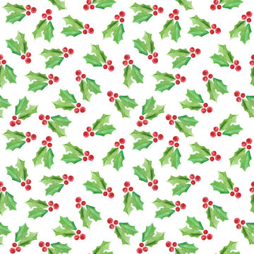 Watercolor illustration of festive New Year and Christmas decor pattern of painted red and green mistletoe.
