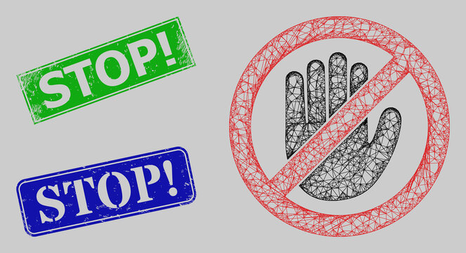 Wireframe net no hand model, and Stop Exclamation. blue and green rectangular textured stamp seals. Carcass net mesh illustration is based on no hand pictogram.