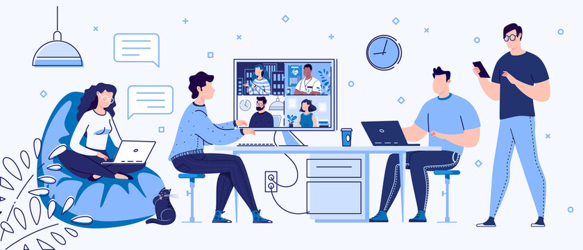 Freelance people work in comfortable conditions at home, coworking. Videoconference and online meeting, E-learning. Employment Concept. Vector. Flat cartoon style. Illustration.
