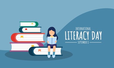 Vector illustration, little girl reading a book against a stack of books as a banner, poster or template, International Literacy Day.