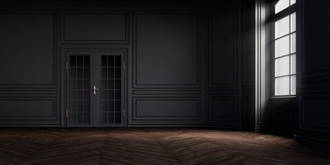 Simple black antique room interior with sunlight from window, with white decorative classic style molding frames on walls
