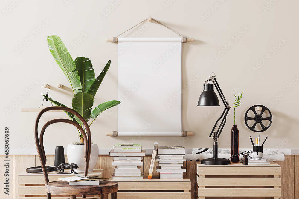 Wall mural poster on rope and wooden sticks mockup