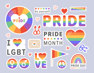 Pride LGBT stickers. Vector set of LGBTQ  icon with heart, rainbow, love, pride flag, gender, peace for gay community. National Freedom to Marry Day, pride month. Human rights and tolerance