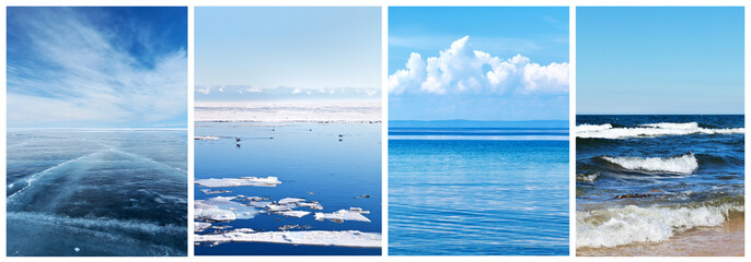 Collage of water landscapes at the four seasons: ice surface with cracks in winter, melting ice in spring, cumulus clouds in hot summer and autumn waves. Calendar, natural sea background, banner