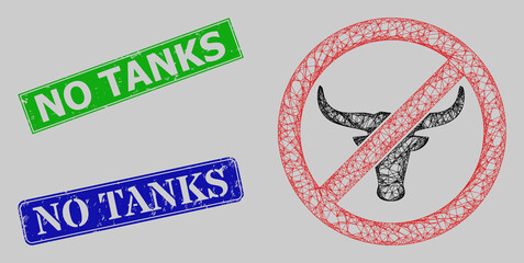 Carcass net mesh no beef model, and No Tanks blue and green rectangular grunge seal imitations. Frame net mesh illustration is created from no beef icon.