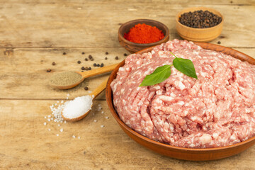 Raw minced meat. Ground pork with spices