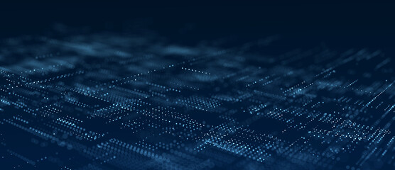 Digital blue background of particles. Abstract futuristic illustration. Big data visualization. Technology dynamic dots background. 3D rendering.